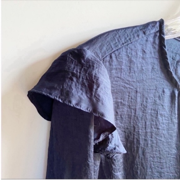 Topshop shirt navy blue satin ruffle long sleeves - Picture 4 of 9